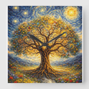 heilige Geometrie Kunst Baum Quadratische Wanduhr