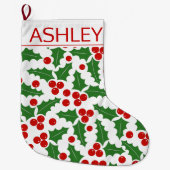 Heilige Heilige Beere Muster rot, grün und Name Großer Weihnachtsstrumpf (Vorderseite)