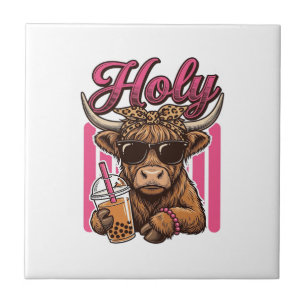 Heilige Highland-Kuh Vintage Boba Tea Shirt Design Fliese