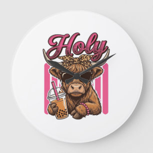 Heilige Highland-Kuh Vintage Boba Tea Shirt Design Große Wanduhr