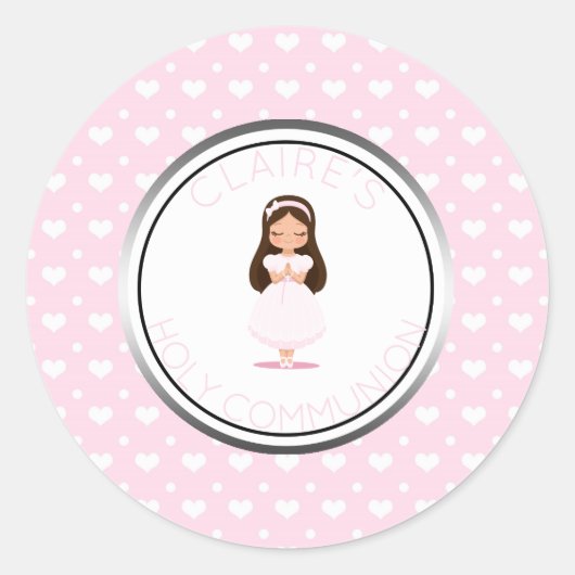 Heilige Kommunion Girl Gunst Pink Hearts Runder Aufkleber (Vorderseite)