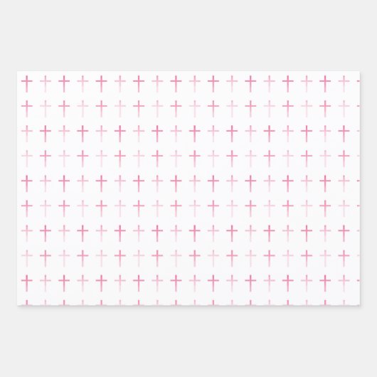 Heilige Kommunion Rosa Kreuz Herz und Punkte Geschenkpapier Set (Vorderseite)