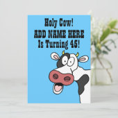 Heilige Kuh 45. Geburtstag Funny Cartoon Einladung (Stehend Vorderseite)