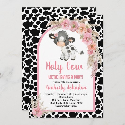Heilige Kuh Boho Baby Dusche Rosa Farm Mädchen Blü Einladung (Vorne/Hinten)