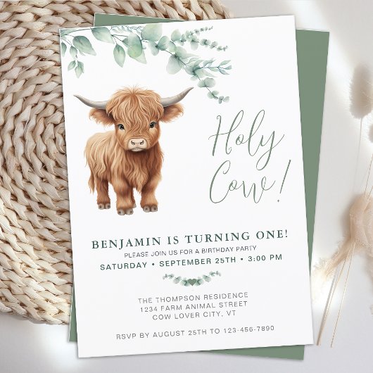 Heilige Kuh Boho Greenery Highland Cow 1. Geburtst Einladung