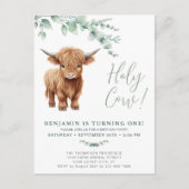 Heilige Kuh Boho Greenery Highland Cow 1. Geburtst Einladungspostkarte (Vorderseite)