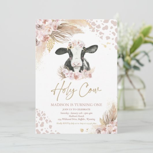 Heilige Kuh ich bin ein Boho Pampas Grass Kuh Gebu Einladung (Stehend Vorderseite)