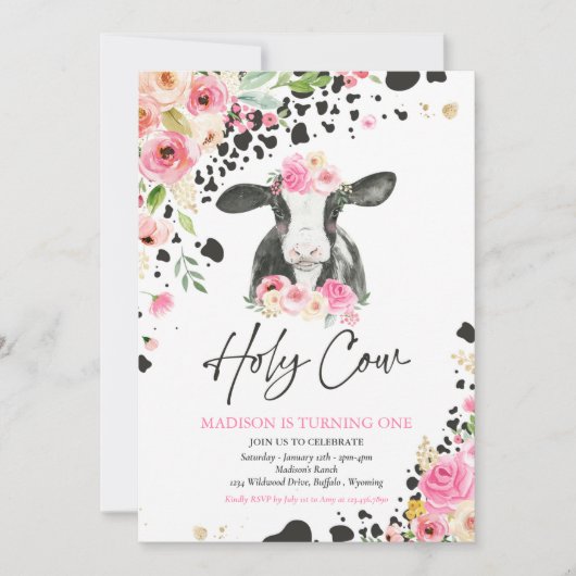 Heilige Kuh Ich bin eine rosa Blumenfarm Geburtsta Einladung (Vorderseite)