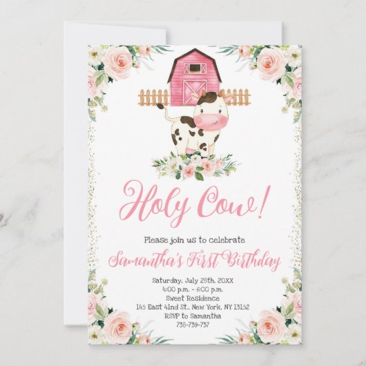 Heilige Kuh Ich bin eine rosa Blumengeburt Party Einladung (Vorderseite)