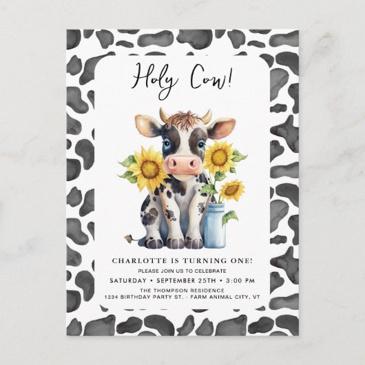 Heilige Kuh ich bin eine Sonnenblumen Farm 1. Gebu Einladungspostkarte (Vorderseite)