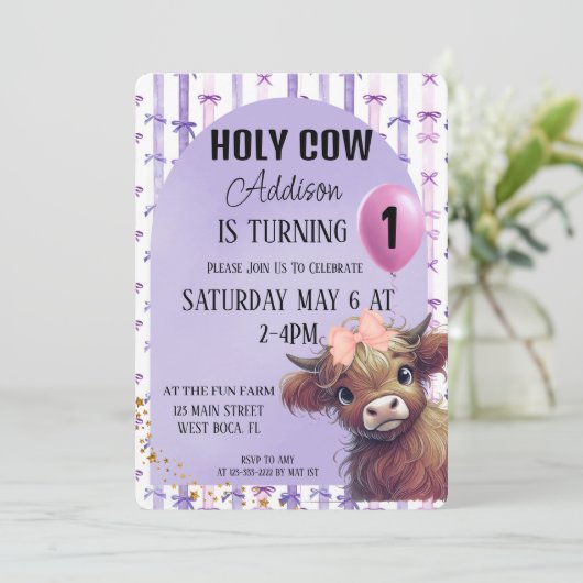 Heilige Kuh Ich bin eine Wasserfarbe Lila Bow Einl Einladung (Stehend Vorderseite)