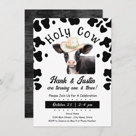 Heilige Kuh Junge Kinder Doppelgeburt Einladung (Vorne/Hinten)