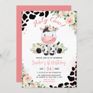 Heilige Kuh Rosa Blüte 1. Geburtstag Party Einladung