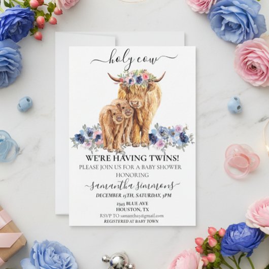 Heilige Kuh Twins Highland Calf Baby Dusche Rosa B Einladung