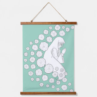 Heilige Maria mit Rose - schwarz-weiß - Wandteppich Mit Holzrahmen