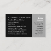 Heilige Taube, Beerdigung Zuhause, Direktoren Visitenkarte (Rückseite)