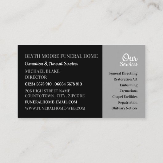 Heilige Taube, Beerdigung Zuhause, Direktoren Visitenkarte (Rückseite)