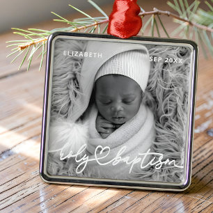 Heilige Taufe Moderne Elegante Chic Herz Baby Foto Ornament Aus Metall
