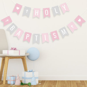 Heilige Taufe Rosa Graue Baby-Mädchen-Feier Wimpelkette