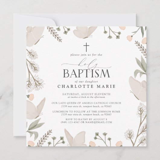 Heilige Taufe Schmetterlinge Aquarellblüten Neutra Einladung (Vorderseite)