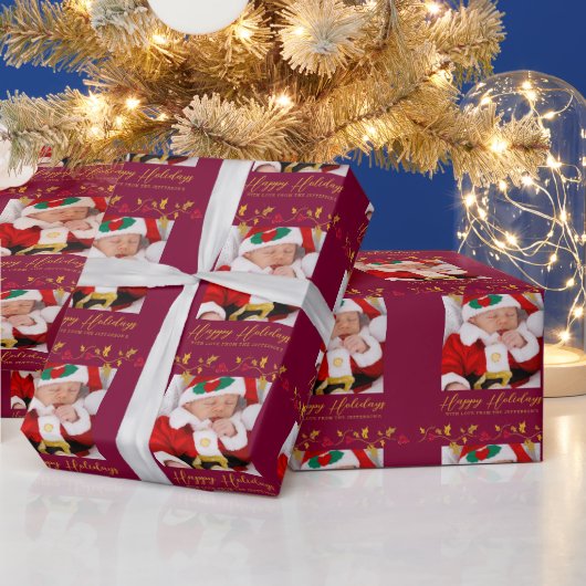 Heilige und rote Beeren, goldenes Foto Geschenkpapier (Feiertage)