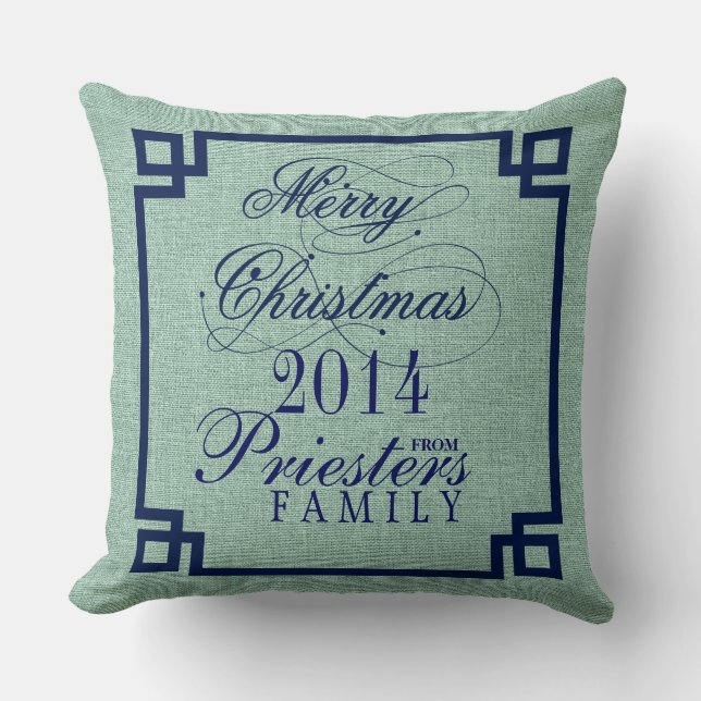 Heilige Weihnachten Blue Text Sage-Green Linen Tex Kissen (Vorderseite)