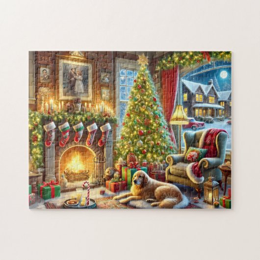 Heiliger Abend Golden Retriever Gemütlicher Kamin Puzzle (Horizontal)