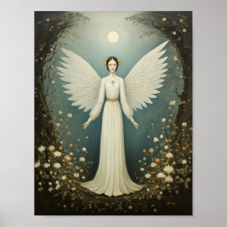Heiliger Engel mit Flügeln, zwischen Blume Poster