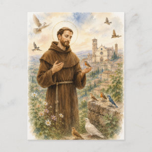 Heiliger Franz von Assisi Vögel Aquarell Postkarte