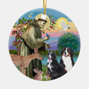 Heiliger Franziskus - Zwei Berner Sennenhunde Keramik Ornament