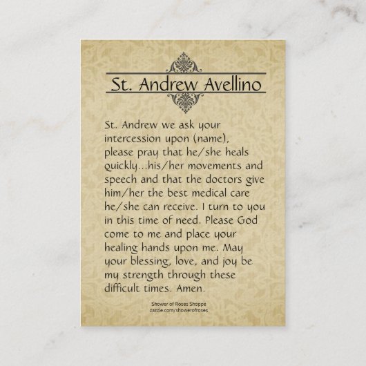 Heiliger Gönner der Karten-| St Andrew Avellino Visitenkarte (Rückseite)