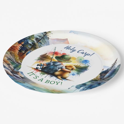 Heiliger Karpfen! Das ist ein Junge! Babyparty Pappteller (Schrägansicht)