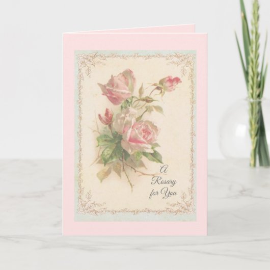 Heiliger Rosenkranz mit rosa Rosen Gebet Karte (Vorderseite)