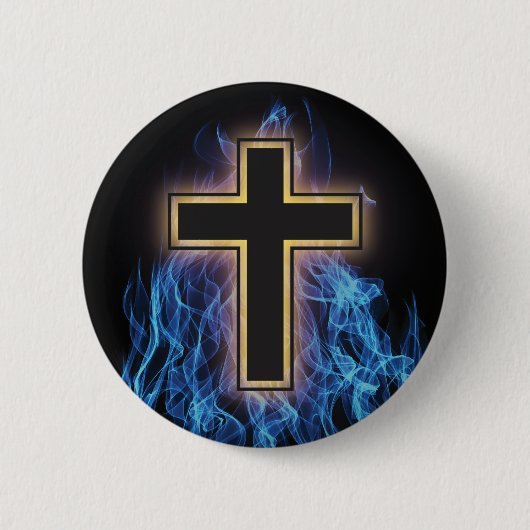 HEILIGES BLAUES FEUER-KREUZ! CHRISTLICHER BUTTON (Vorderseite)