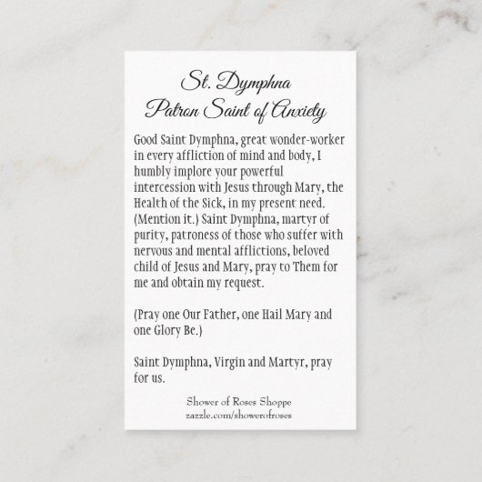 Heiliges Dymphna Gönnerin der Angst-heiligen Visitenkarte (Rückseite)