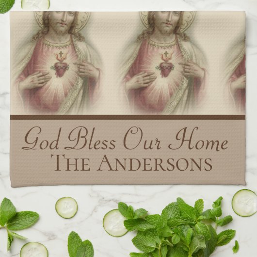 Heiliges Herz von Jesus-Gott segnen unser Zuhause Geschirrtuch (Gefaltet)