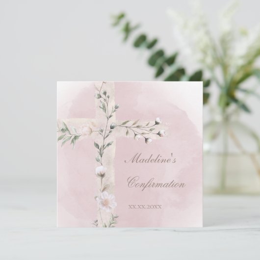 Heiliges Kreuz auf staubige rosa Aquarellfarbenbes Einladung (Stehend Vorderseite)