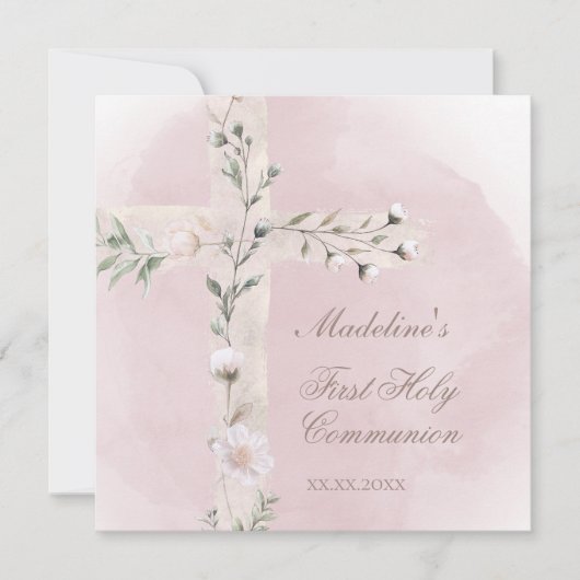 Heiliges Kreuz auf staubrosa Erste Heilige Kommune Einladung (Vorderseite)