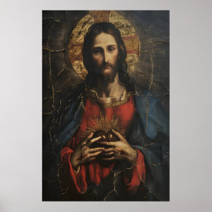 Heiligstes Herz Jesu Vintage-Kunstgemälde Poster