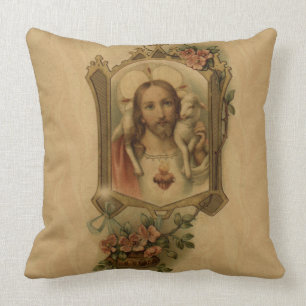 Heiligstes Herz Jesu Vintage mit Lamm und Blumen Kissen