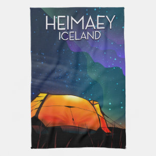 Heimaey, Island, Camping-Urlaubs-Plakat. Geschirrtuch