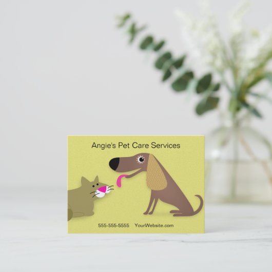 Heimtiere Sitter - Hund und Katze gelb Visitenkarte (Stehend Vorderseite)