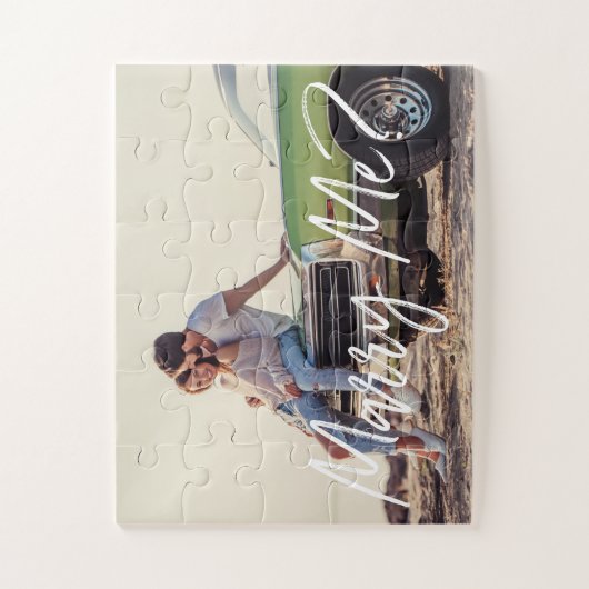 Heirate mich? Trendy Brush Script & Custom Foto Puzzle (Vertikal)