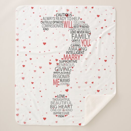 Heiraten Sie mich? Word Cloud mit roten Herzen Sherpadecke (Vorderseite)
