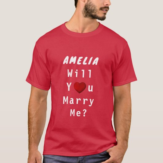 Heiraten Sie mir Rotes Romantisches Herz mit Namen T-Shirt (Vorderseite)