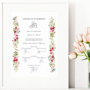 Heiratsurkunde Florale rosa und rote Girlande Poster