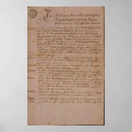 Heiratsurkunde von Wolfgang, Mozart und Weber Poster (Vorne)
