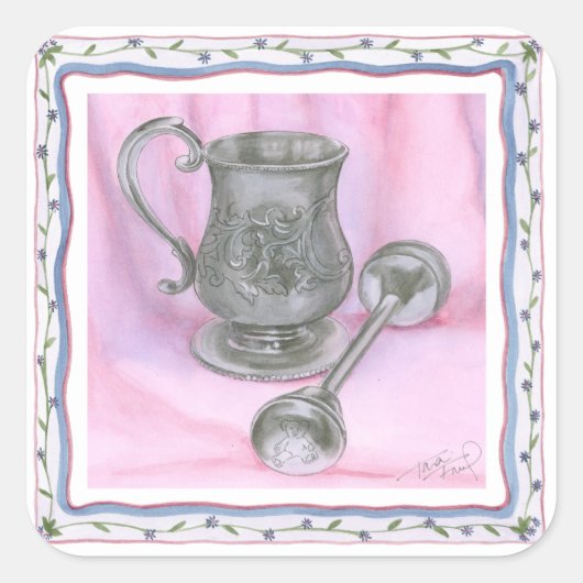 Heirloom Cup & Rattle auf Lila Hintergrund Quadratischer Aufkleber (Vorderseite)