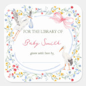 Heirloom Rose Bow and Stork Baby Shower Book Plate Quadratischer Aufkleber (Vorderseite)