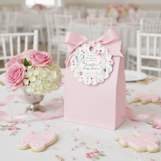 Heirloom Rose Bow and Stork Baby Shower Thank You Geschenkanhänger